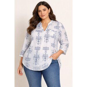 SHEIN Boho Print V-Neck Blouse White Navy Blue 1XL 🌿